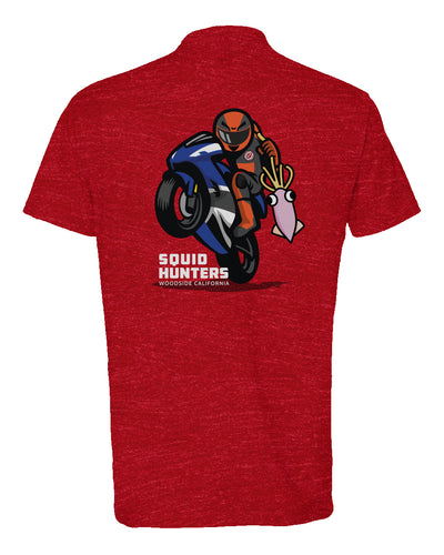 Original "Squid Hunters" motorcycle club logo on back of heather short sleeve t-shirt by crown moto