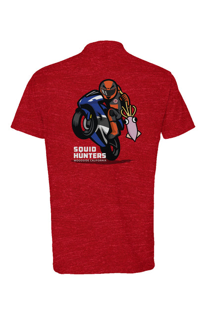 Original "Squid Hunters" motorcycle club logo on back of heather short sleeve t-shirt by crown moto