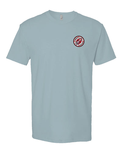 Original "Squid Hunters" motorcycle club logo on left chest of heather short sleeve t-shirt by crown moto