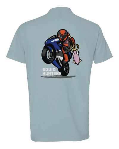 Original "Squid Hunters" motorcycle club logo on back of heather short sleeve t-shirt by crown moto