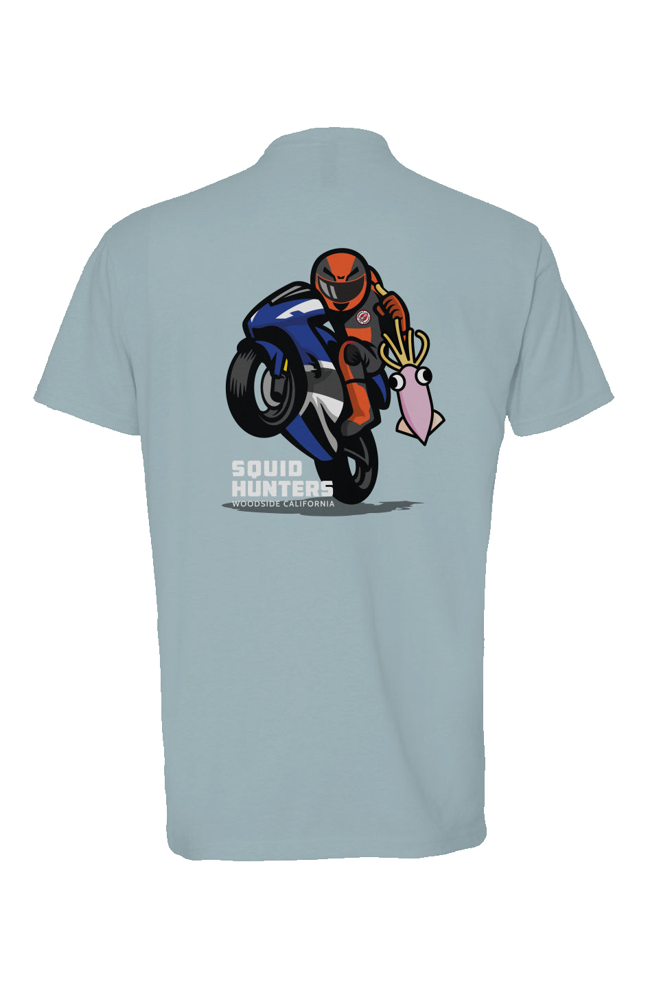 Original "Squid Hunters" motorcycle club logo on back of heather short sleeve t-shirt by crown moto