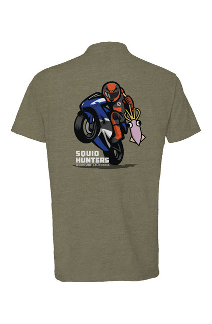 Original "Squid Hunters" motorcycle club logo on back of heather short sleeve t-shirt by crown moto