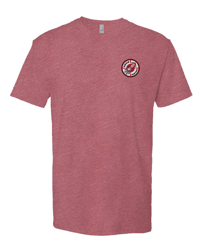 Original "Squid Hunters" motorcycle club logo on front chest of heather short sleeve t-shirt by crown moto