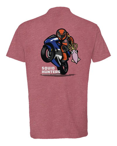 Original "Squid Hunters" motorcycle club logo on back of heather short sleeve t-shirt by crown moto