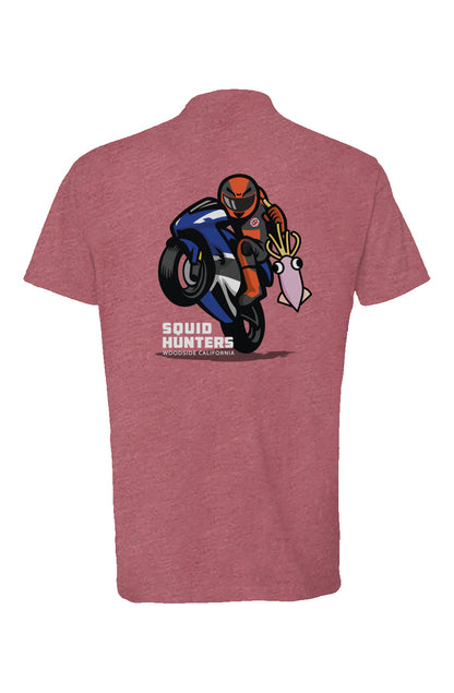 Original "Squid Hunters" motorcycle club logo on back of heather short sleeve t-shirt by crown moto