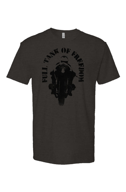 Original "Full tank of freedom" motorcycle design in black on front of heather short sleeve t-shirt by crown moto