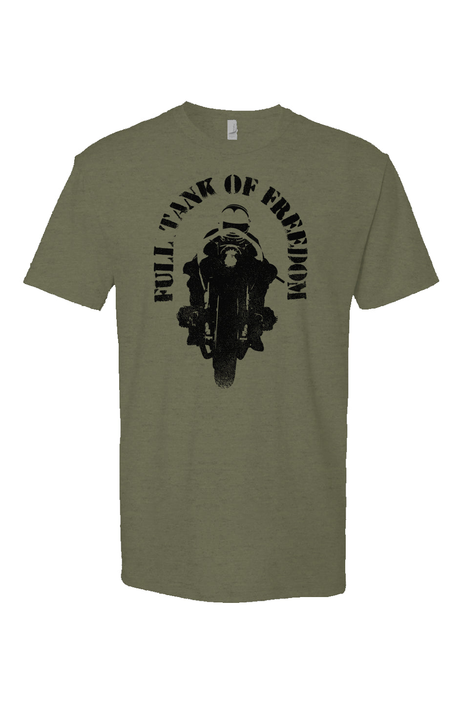 Original "Full tank of freedom" motorcycle design in black on front of heather short sleeve t-shirt by crown moto