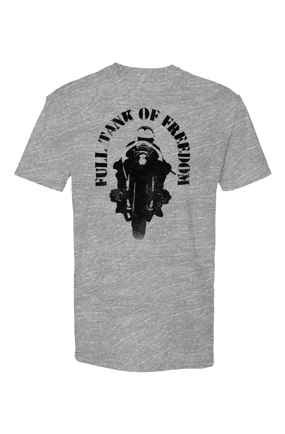 Original "Full tank of freedom" motorcycle design in black on front of heather short sleeve t-shirt by crown moto