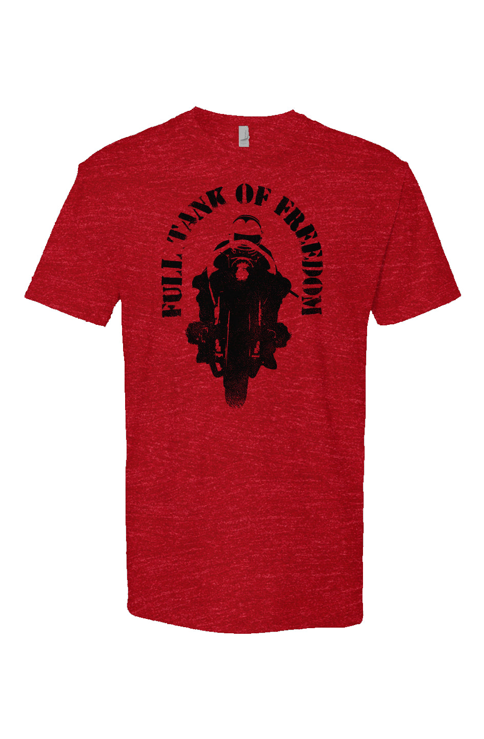 Original "Full tank of freedom" motorcycle design in black on front of heather short sleeve t-shirt by crown moto