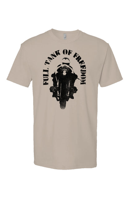 Original "Full tank of freedom" motorcycle design in black on front of short sleeve t-shirt by crown moto