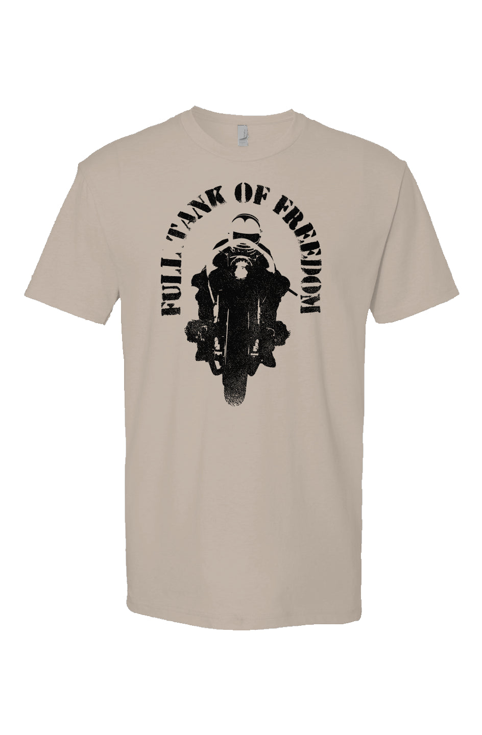 Original "Full tank of freedom" motorcycle design in black on front of short sleeve t-shirt by crown moto