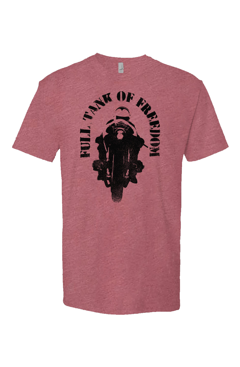 Original "Full tank of freedom" motorcycle design in black on front of heather short sleeve t-shirt by crown moto