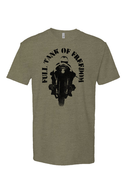 Original "Full tank of freedom" motorcycle design in black on front of heather t-shirt by crown moto