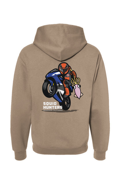 Original Squid Hunters motorcycle club logo on the back of hooded sweatshirt by "Crown Moto"