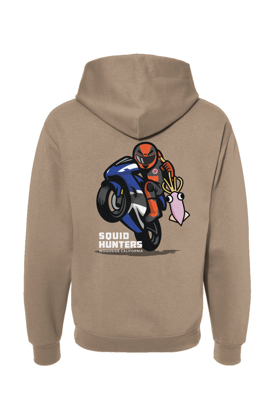 Original Squid Hunters motorcycle club logo on the back of hooded sweatshirt by "Crown Moto"