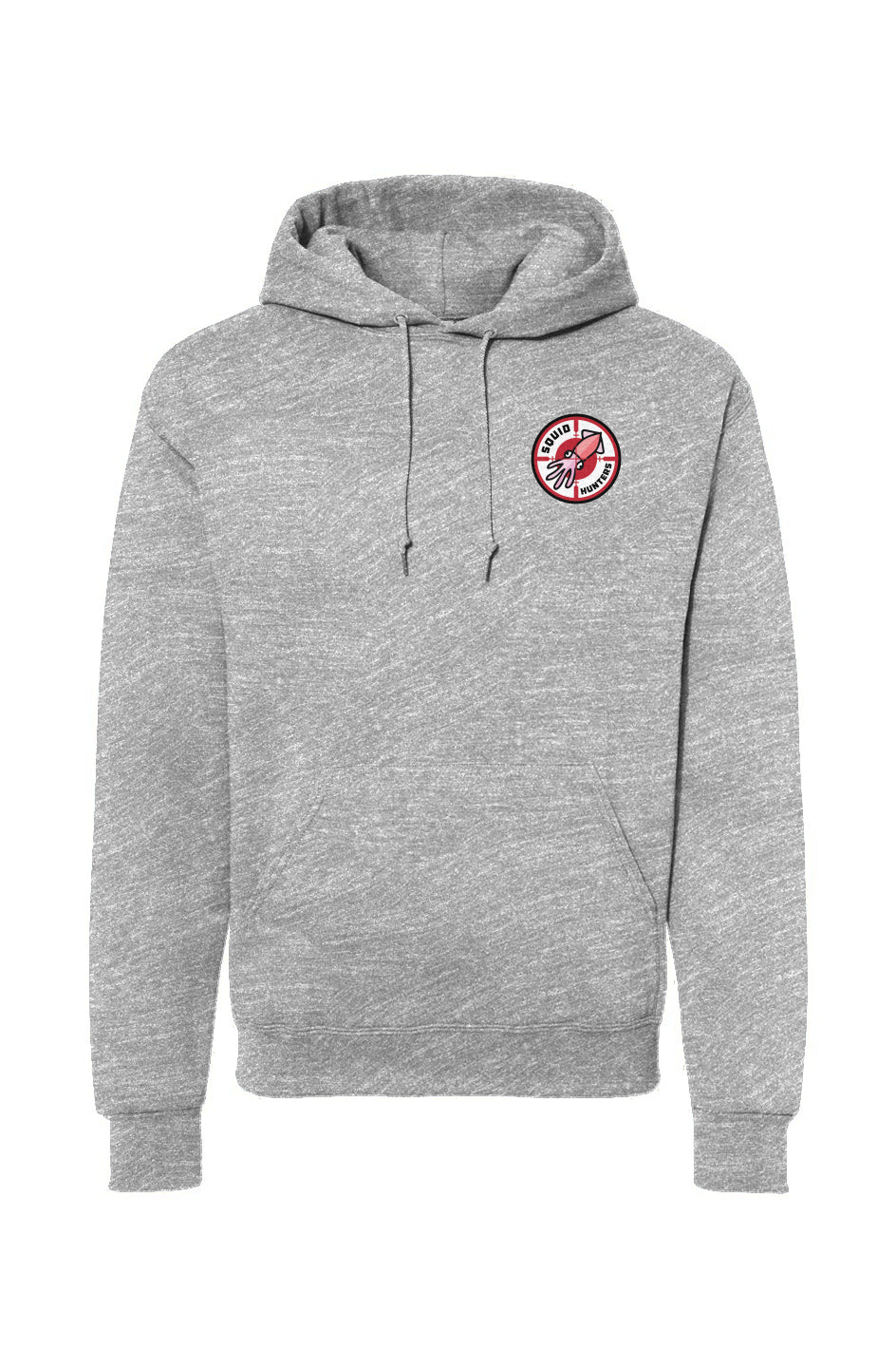 Original Squid Hunters motorcycle club logo on the front chest of ash grey hooded sweatshirt by "Crown Moto"