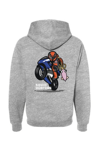 Original Squid Hunters motorcycle club logo on the back of ash grey hooded sweatshirt by "Crown Moto"