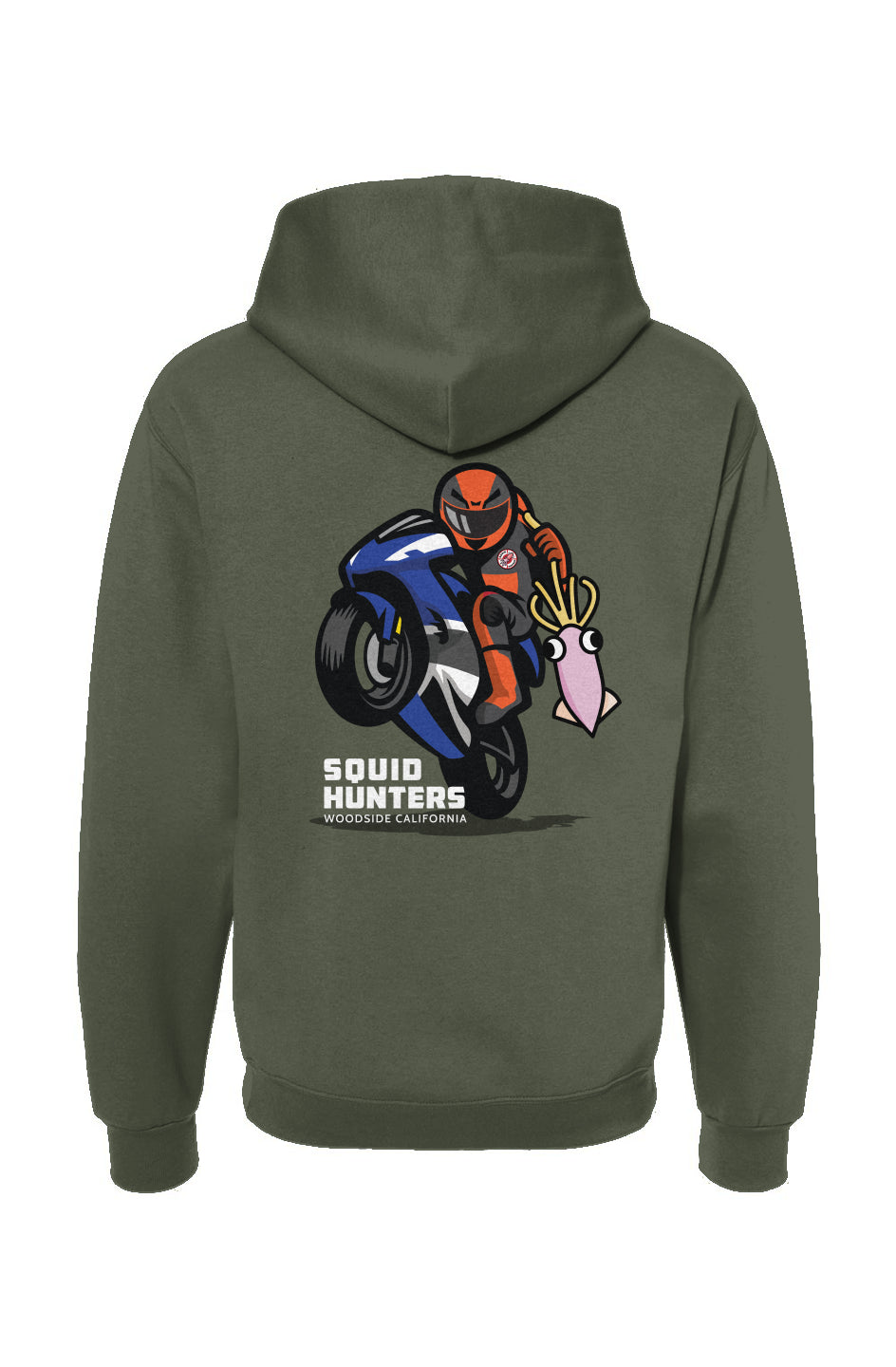 Original Squid Hunters motorcycle club logo on the back of hooded sweatshirt by "Crown Moto"