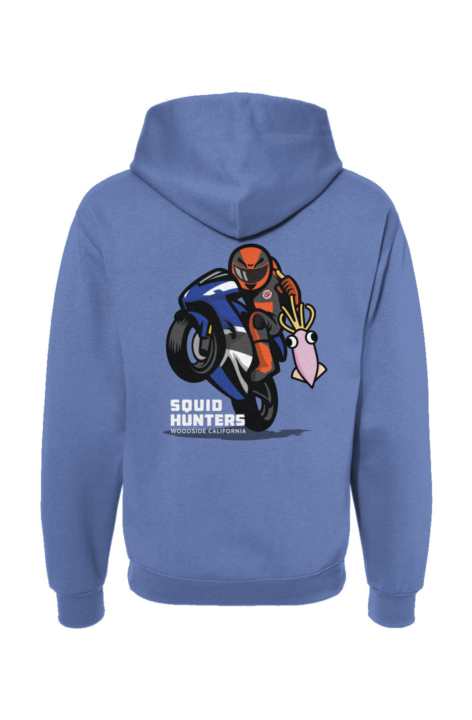 Original Squid Hunters motorcycle club logo on the back of hooded sweatshirt by "Crown Moto"