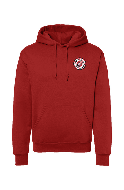 Squid Hunters motorcycle club logo on the front chest of red hooded sweatshirt by "Crown Moto"