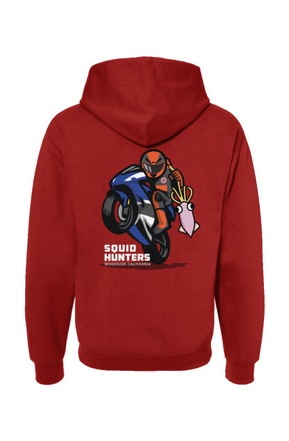 Squid Hunters motorcycle club logo on the back of red hooded sweatshirt by "Crown Moto"