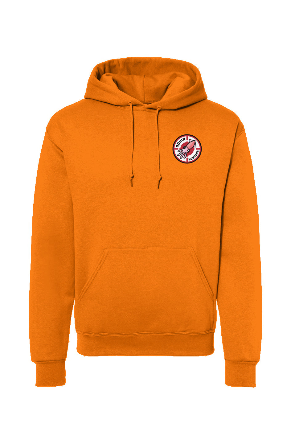 Squid Hunters motorcycle club logo on the front chest of orange hooded sweatshirt by "Crown Moto"