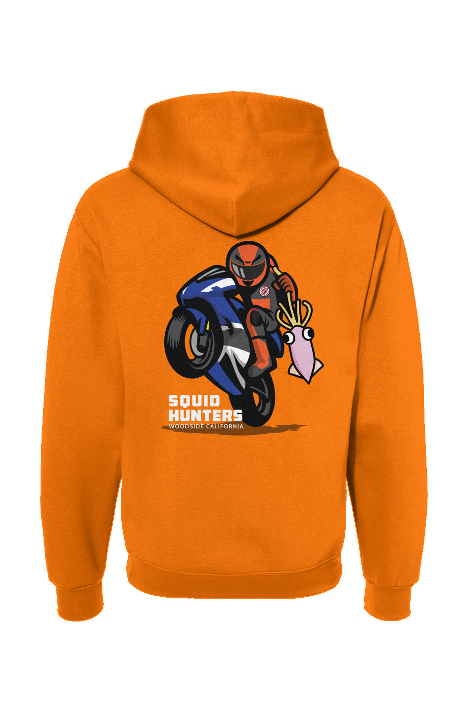 Squid Hunters motorcycle club logo on the back of orange hooded sweatshirt by "Crown Moto"