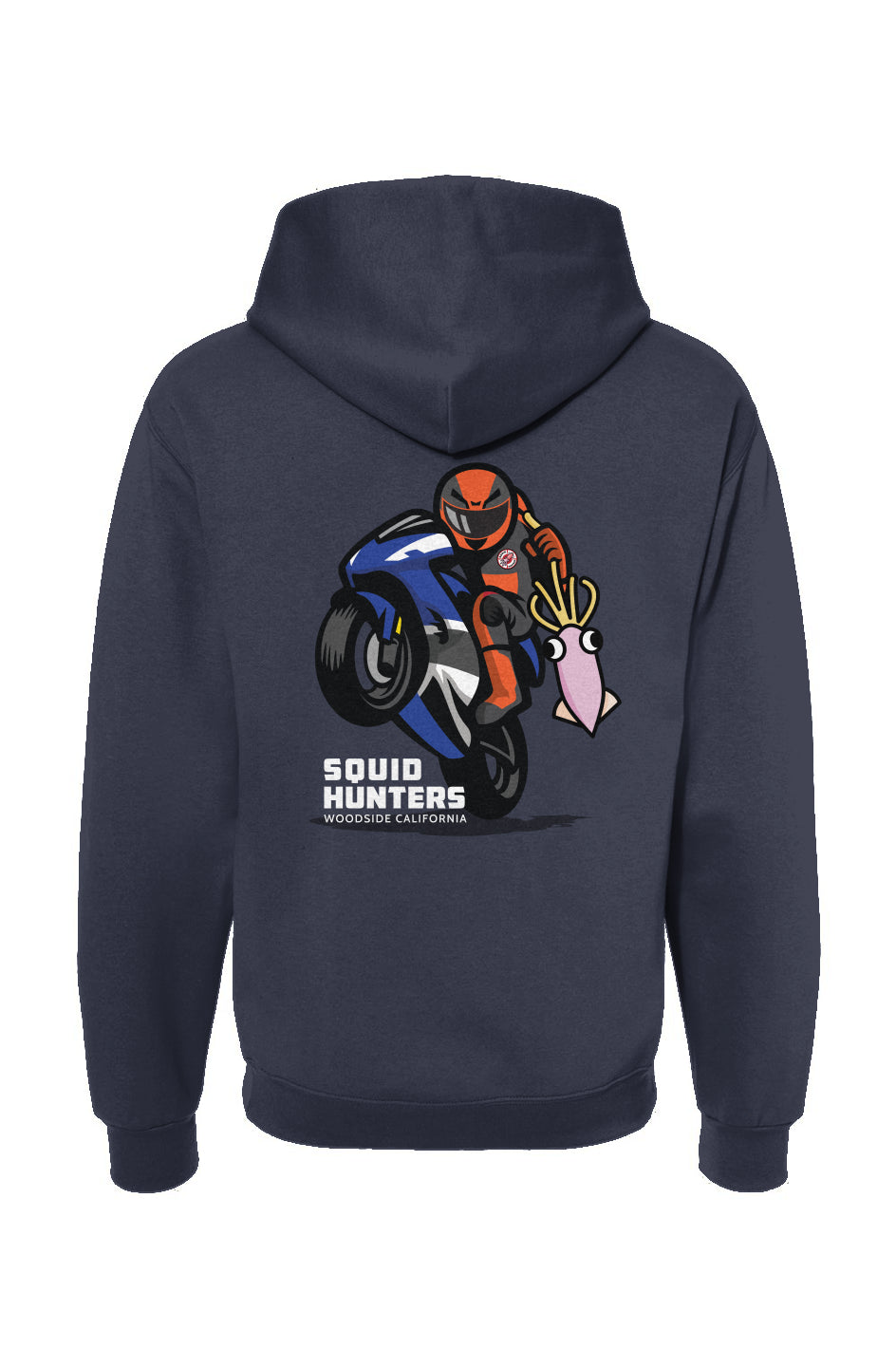 Squid Hunters motorcycle club logo on the back of navy hooded sweatshirt by "Crown Moto"