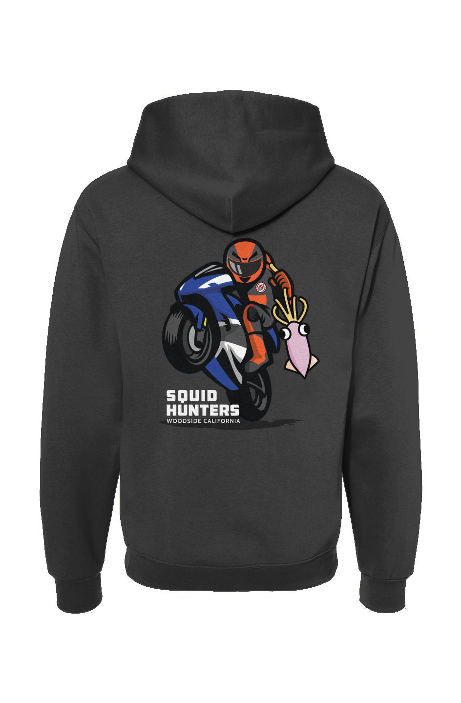 Squid Hunters motorcycle design on back of charcoal Hooded Sweatshirt by crown moto