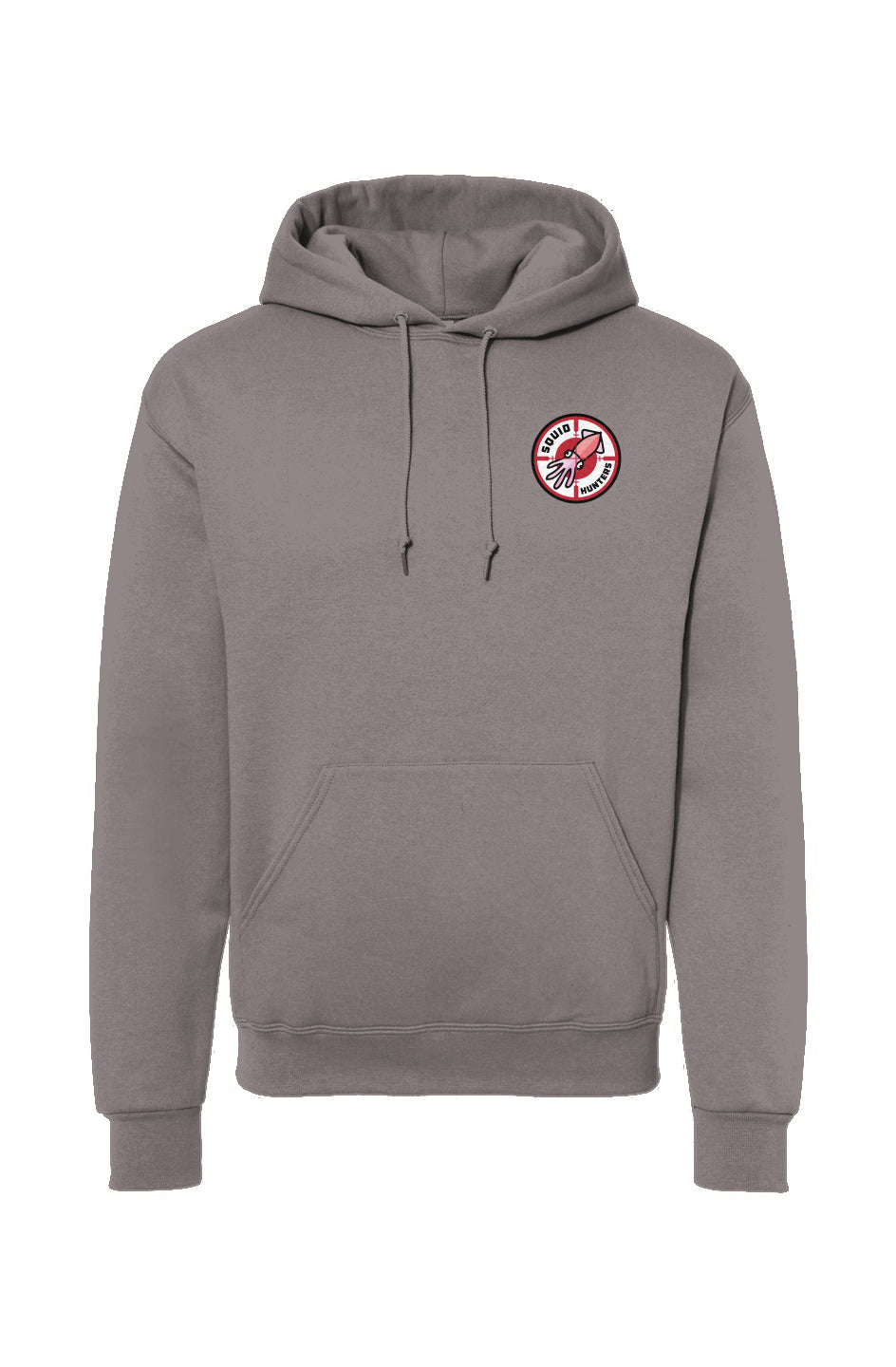 Squid Hunters motorcycle club logo on the front chest of grey hooded sweatshirt by "Crown Moto"