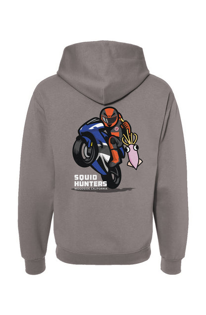 Squid Hunters motorcycle club logo on the back of grey hooded sweatshirt by "Crown Moto"