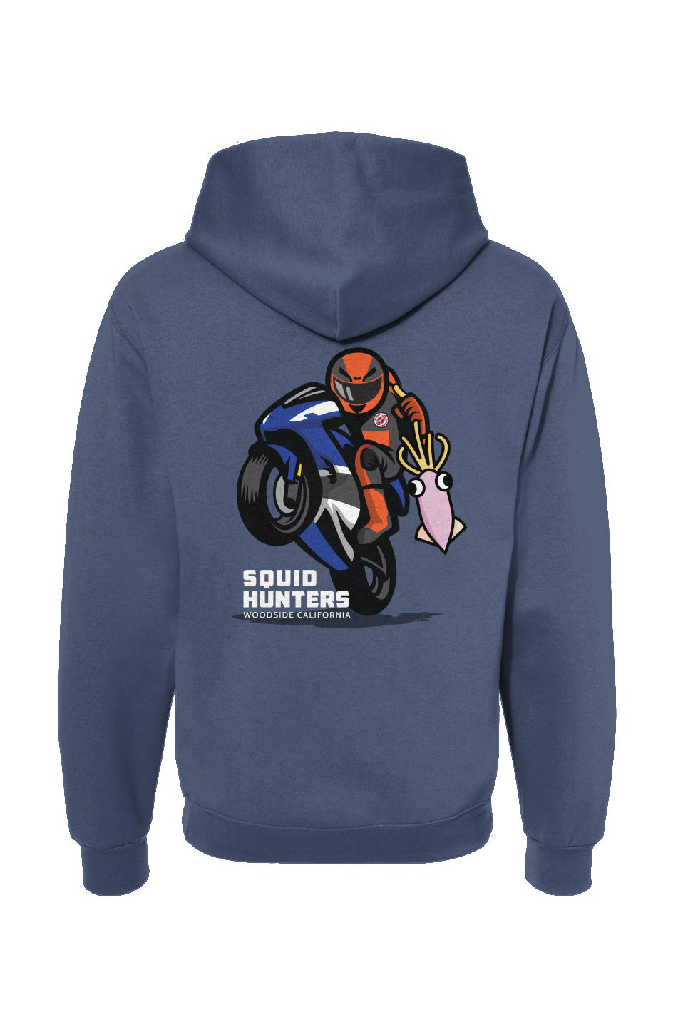 Squid Hunters motorcycle design on back of blue Hooded Sweatshirt by crown moto