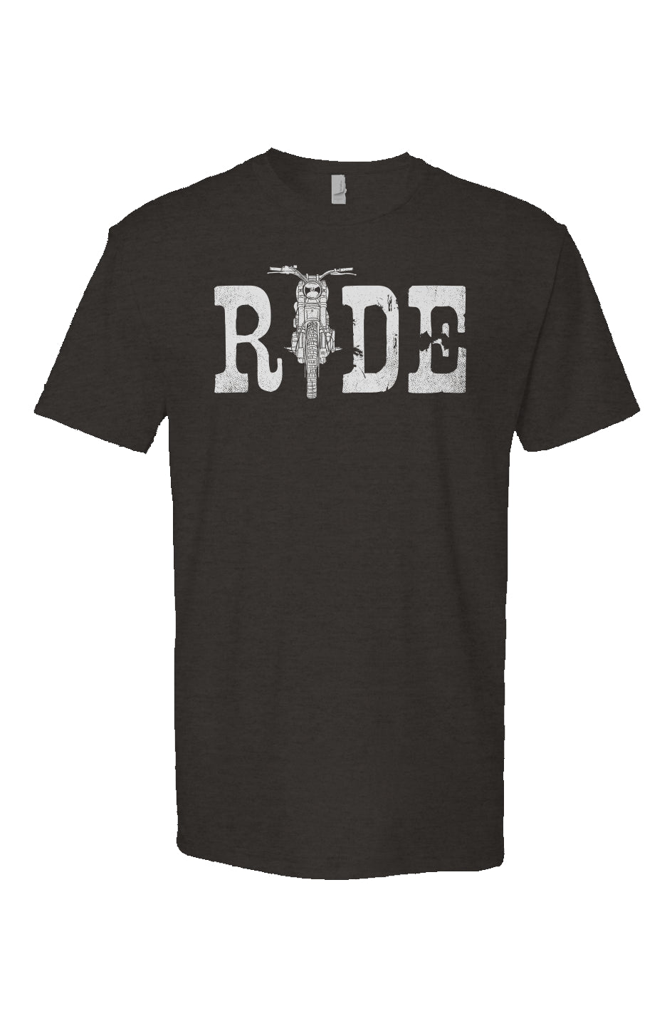 Black Heather Short Sleeve T shirt with ride text in white and motorcycle illustration as the I, motorcycle lifestyle, crown moto