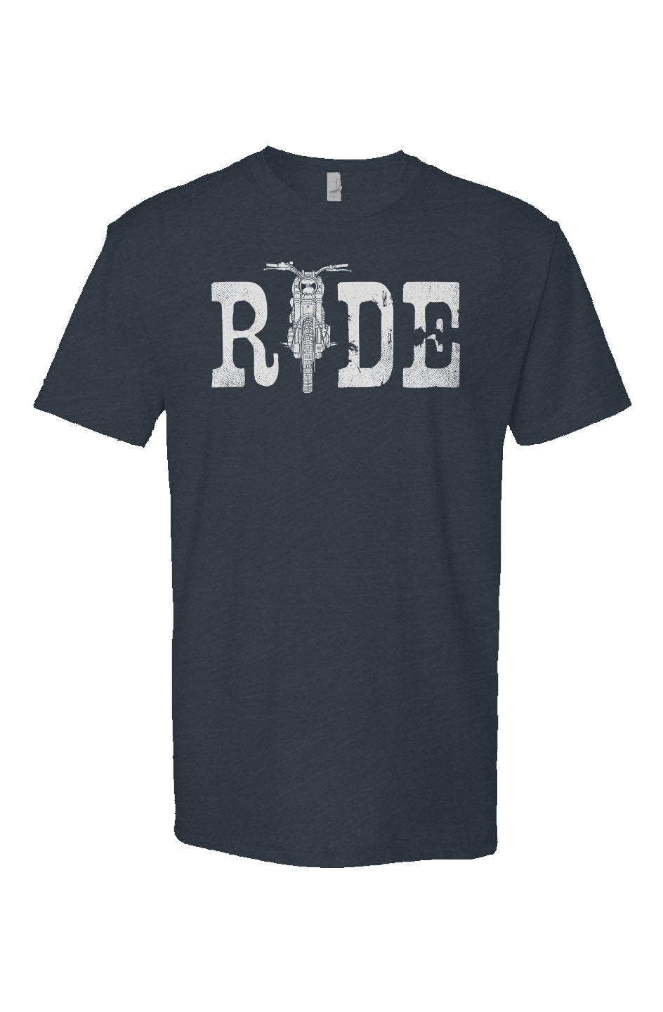 Navy Heather Short Sleeve T shirt with ride text in white and motorcycle illustration as the I, motorcycle lifestyle, crown moto