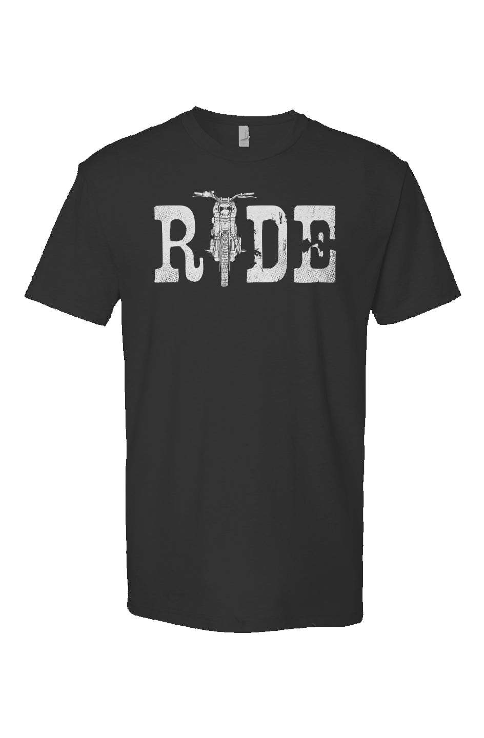 Heather Short Sleeve T shirt with ride text in white and motorcycle illustration as the I, motorcycle lifestyle, scrambler motorcycle