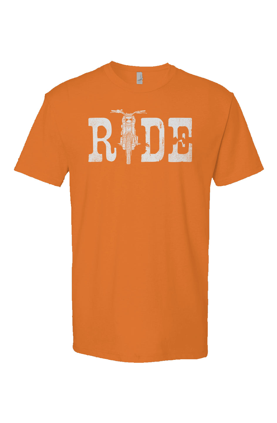 Orange Heather Short Sleeve T shirt with ride text in white and motorcycle illustration as the I, motorcycle lifestyle, crown moto