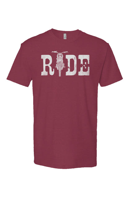 Maroon Heather Short Sleeve T shirt with ride text in white and motorcycle illustration as the I, motorcycle lifestyle, crown moto