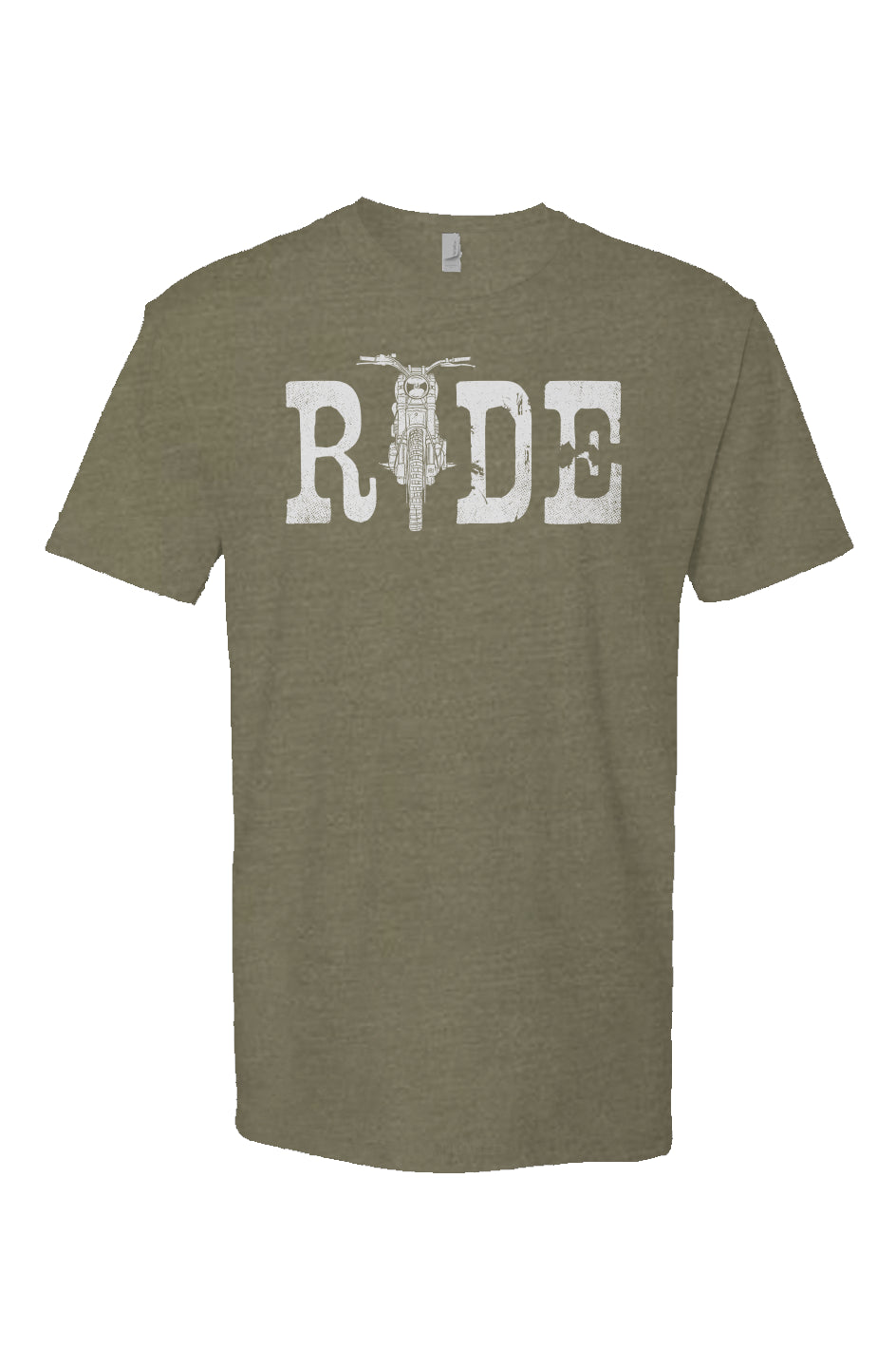 Green Heather Short Sleeve T shirt with ride text in white and motorcycle illustration as the I, motorcycle lifestyle, crown moto