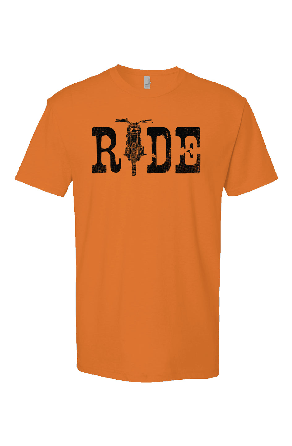 Orange Heather Short Sleeve T shirt with ride text and motorcycle as the I, motorcycle lifestyle, crown moto