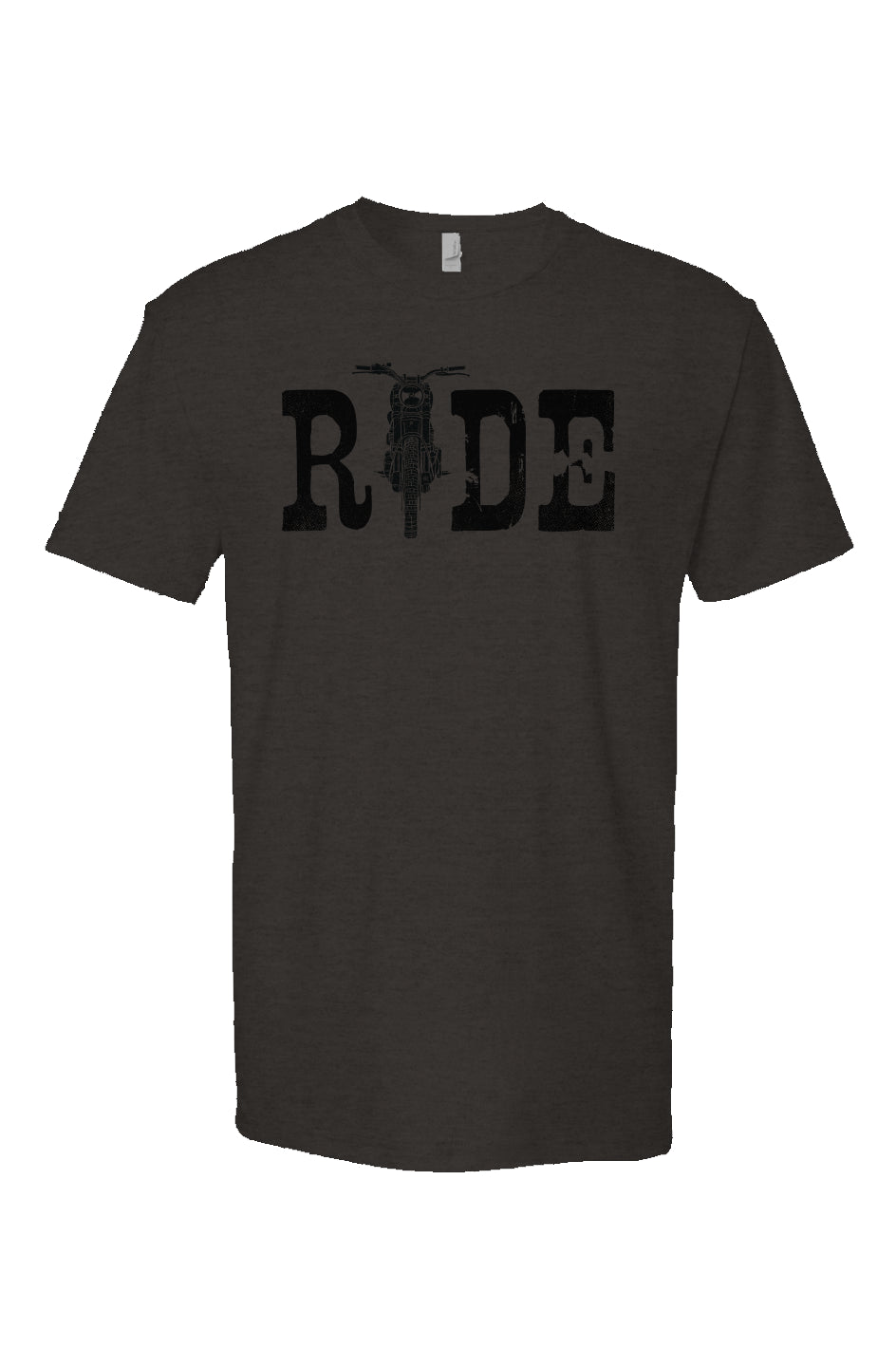 Charcoal Grey Heather Short Sleeve T shirt with ride text and motorcycle as the I, motorcycle lifestyle, scrambler motorcycle