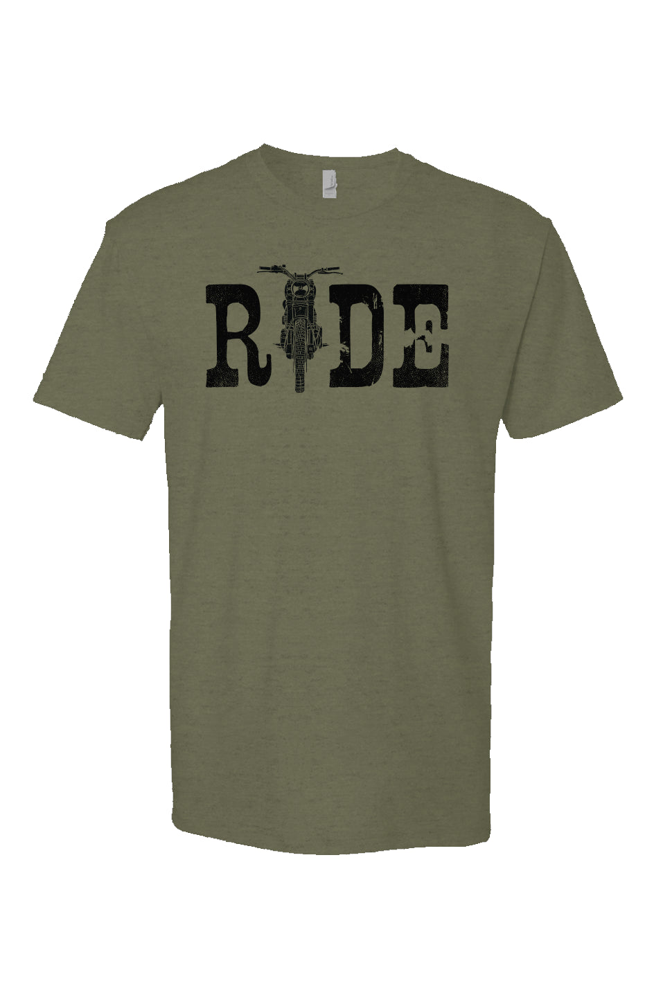 Green Heather Short Sleeve T shirt with ride text and motorcycle as the I, motorcycle lifestyle, crown moto