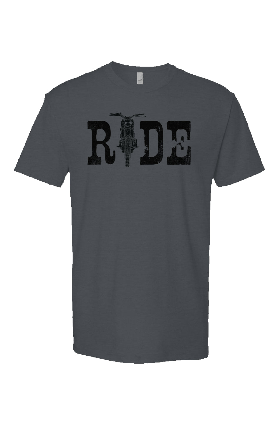 Navy Heather Short Sleeve T shirt with ride text and motorcycle as the I, motorcycle lifestyle, scrambler motorcycle