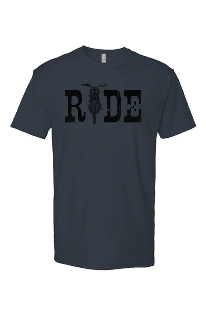 Navy blue Heather Short Sleeve T shirt with ride text and motorcycle as the I, motorcycle lifestyle, crown moto