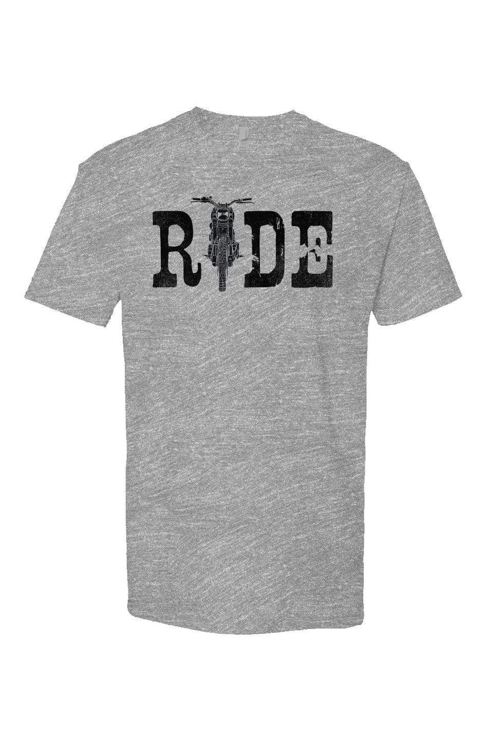 Grey Heather Short Sleeve T shirt with ride text and motorcycle as the I, motorcycle lifestyle, crown moto