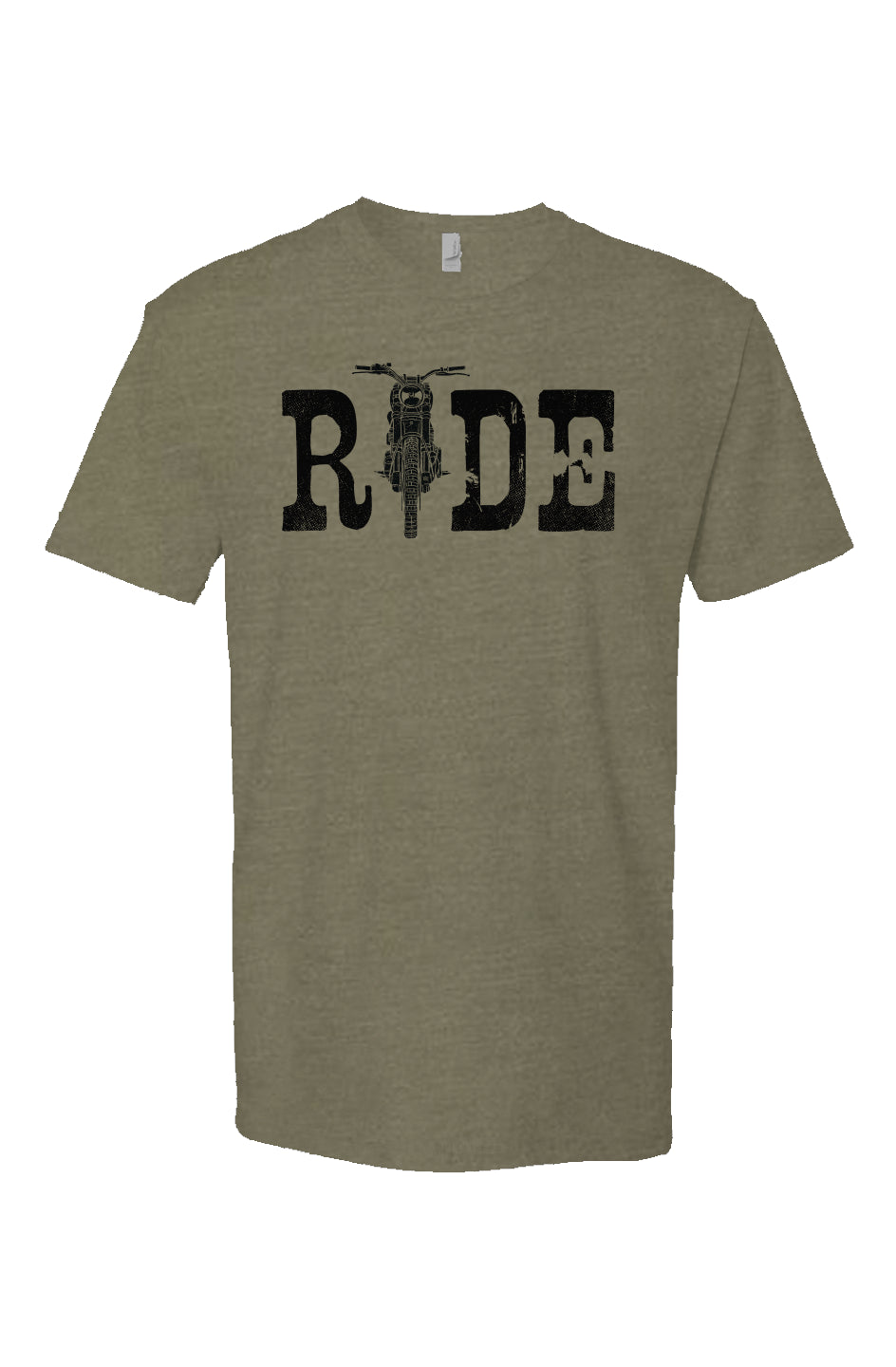 Olive green Heather Short Sleeve T shirt with ride text and motorcycle as the I, motorcycle lifestyle, crown moto