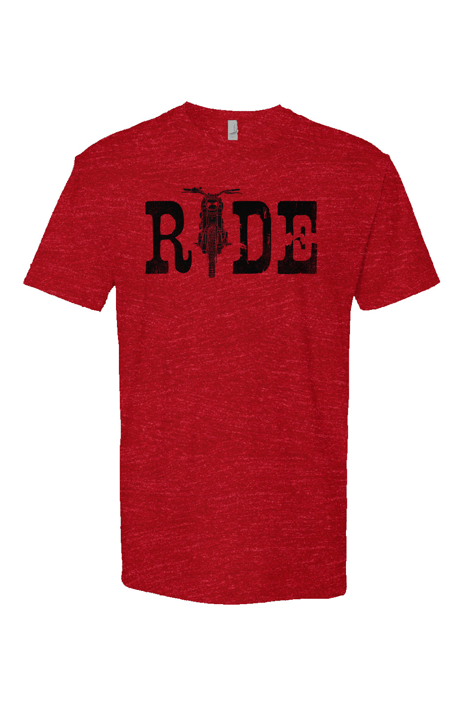 red Heather Short Sleeve T shirt with ride text and motorcycle as the I, motorcycle lifestyle, crown moto