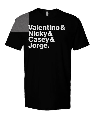 Black T-shirt with white text listing motorcycle racing champions.