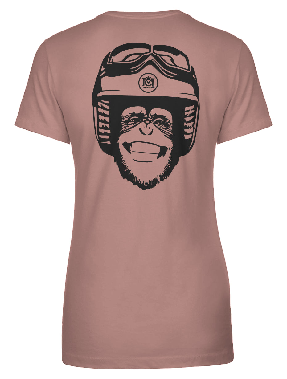 Moto Monkey Women's T-Shirt, women who ride, motorcycles, motorbikes, chimpanzee, riders, silly, funny, humor, motorcycle shirts, women's, pink t-shirt