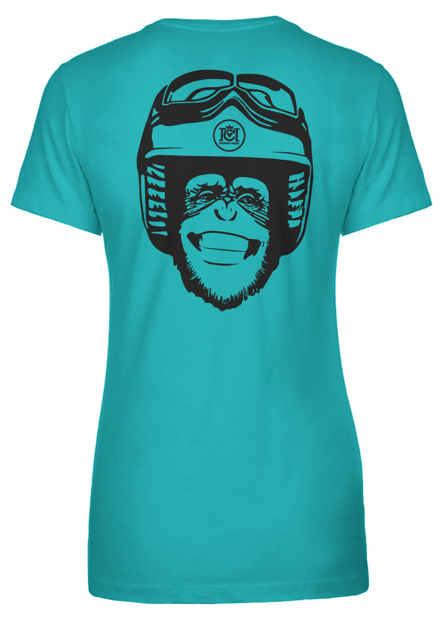 Moto Monkey Women's T-Shirt, women who ride, motorcycles, motorbikes, chimpanzee, riders, silly, funny, humor, motorcycle shirts, women's