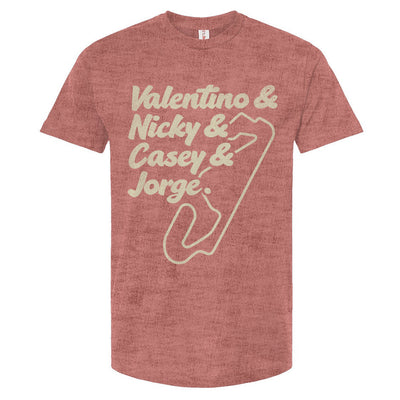 crewneck t-shirt with text and a graphic design in a cream color. The text lists 'Valentino & Nicky & Casey & Jorge' with a stylized representation of a motorcycle track beneath it.